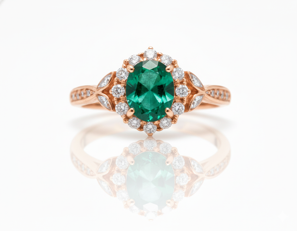 2.50 carat Oval Cut Emerald and Diamond Halo Ring in 14K Gold Vintage Engagement Ring