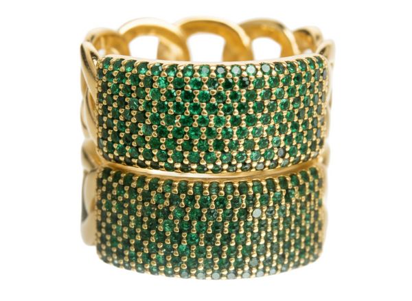 0.80 carat Round Shaped Natural Emerald Iced Out Green Stone Chain Link Ring For men's