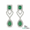 14K Gold Square Cut & Pear Emerald Diamond Dangle Earrings