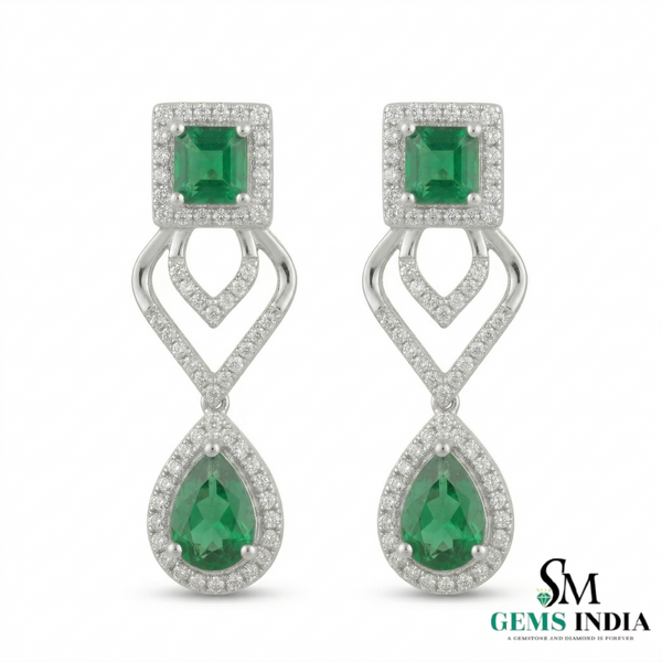 14K Gold Square Cut & Pear Emerald Diamond Dangle Earrings