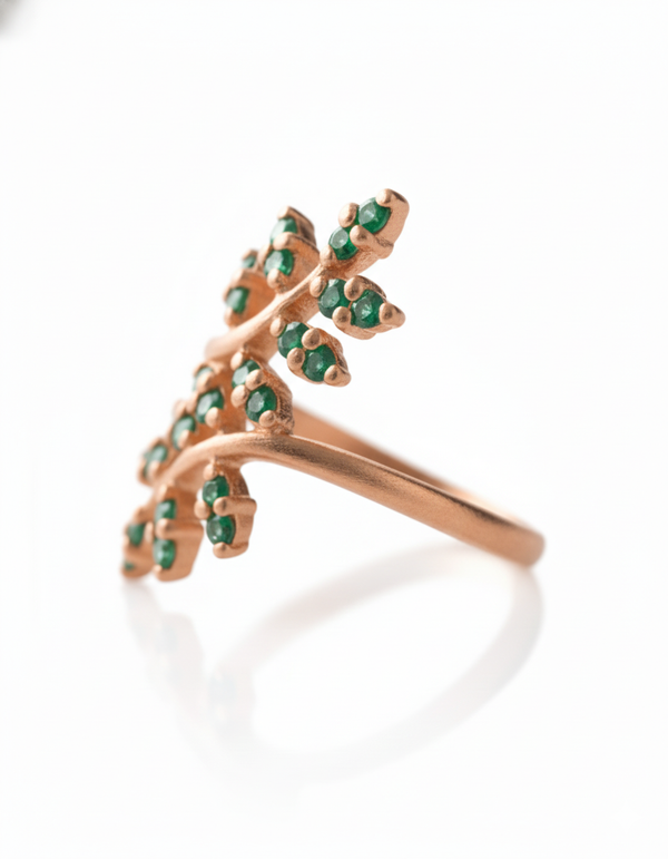 080 carats Gold Leaf Ring with Natural Green Emeralds 14k Gold Fine Jewelry