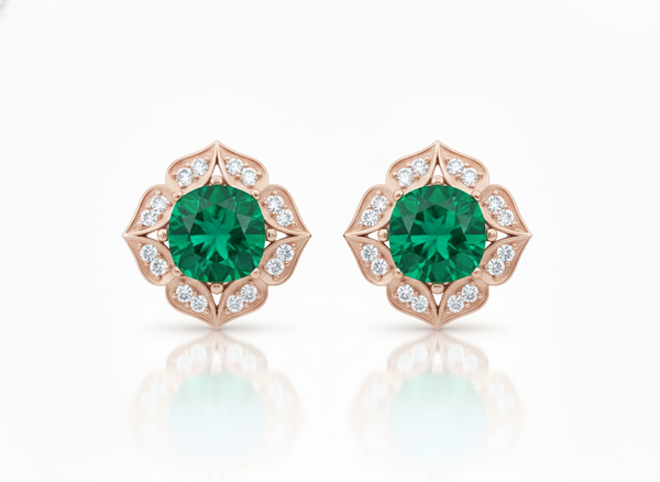Vintage Floral cushion cutNatural Emerald & Diamond Stud Earrings in 18K Gold