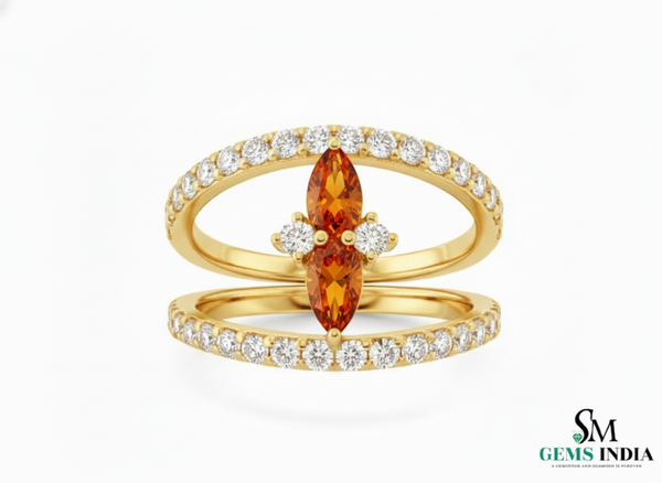 Pear Cut Citrine & Diamond Open Band Ring in 14k Gold - Statement Ring