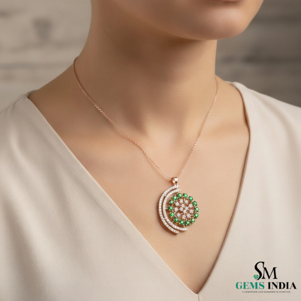 Round Natural Emerald; Diamond Spiral Flower Pendant in 18K Gold