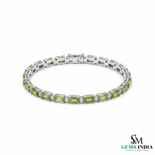 Elegant Emerald Cut Green Gemstone & Diamond Tennis Bracelet