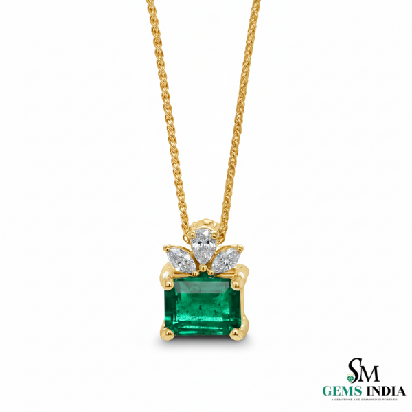 Emerald Cut Green Emerald Pendant with Diamond Cluster Bail Pendant