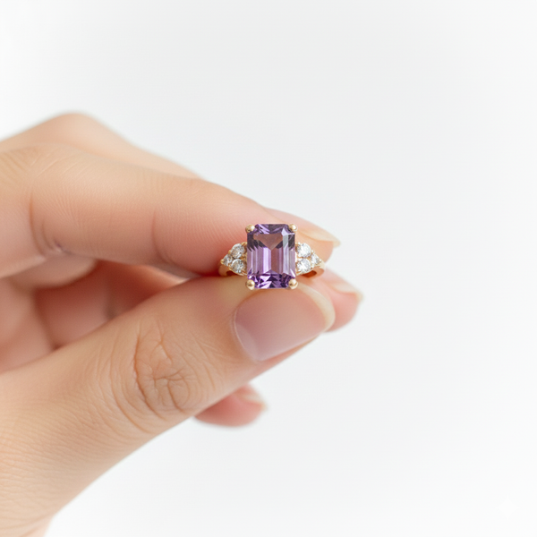 Emerald Cut Amethyst & Diamond Ring Gold Luxury Jewelry