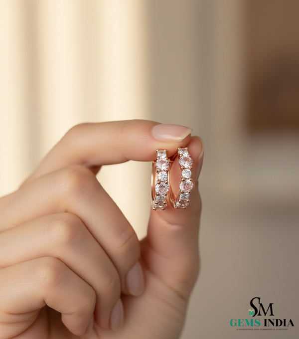 Morganite Diamond Huggie Hoop Earrings - Morganite Wedding Earrings