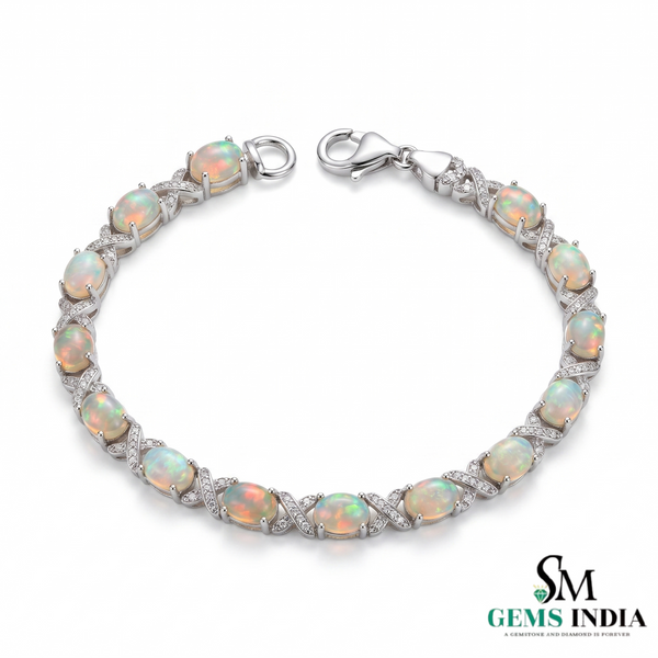 Natural Ethiopian Opal Tennis Bracelet with Diamond Infinity Links
