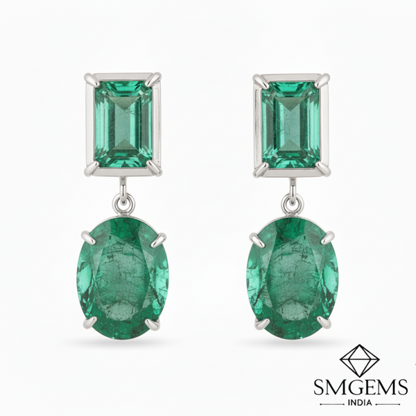 7,80 ct dunkelgrüne Statement-Ohrhänger mit großen sambischen Smaragden im Smaragd- und Ovalschliff, 18 Karat Gold, Smaragdohrringe, ovale Smaragdstecker