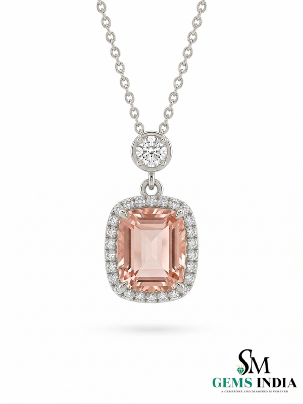 Luxury Emerald Cut Morganite & Diamond Halo Pendant Necklace