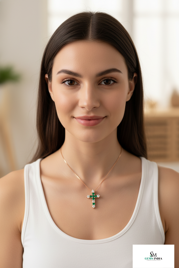 Elegant Emerald and Diamond Faith Cross Pendant for Women Symbolic Fine Jewelry Gift