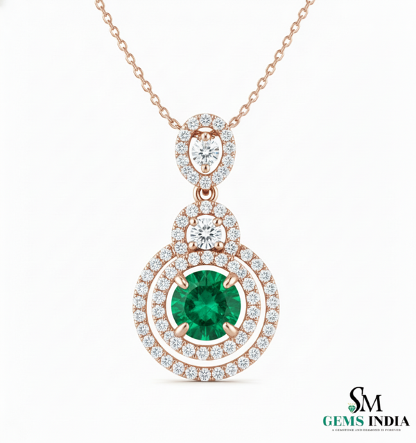 Eternal Round Natural Emerald Circle Pendant Double Halo Gold Pendant