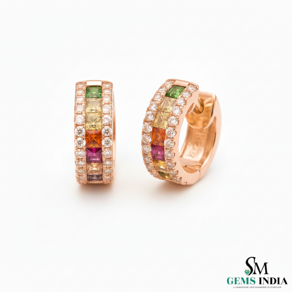 Elegant Rainbow Gemstone Hoops Princess Cut Multicolor Gemstone Earrings