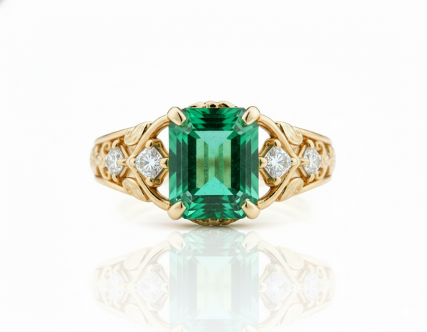 2.80 carat Octagon Natural Emerald And Diamond Engagement Ring in 18k gold Gift For Her