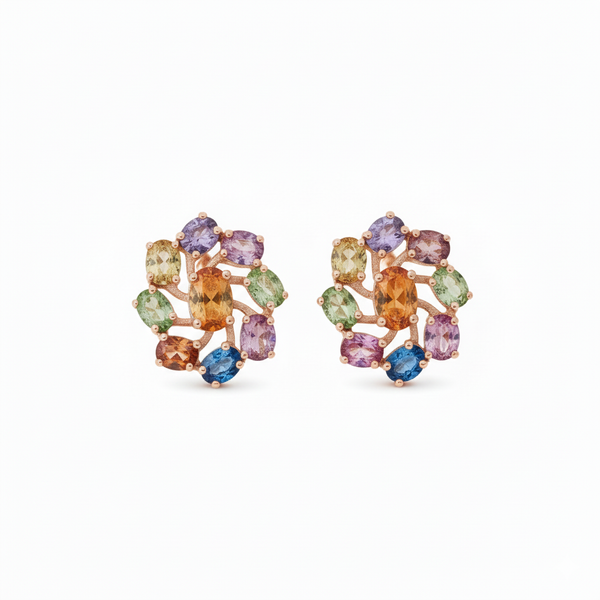 2.80 Carat Oval Rainbow Multi Gemstone Cluster Studs Fine Jewelry
