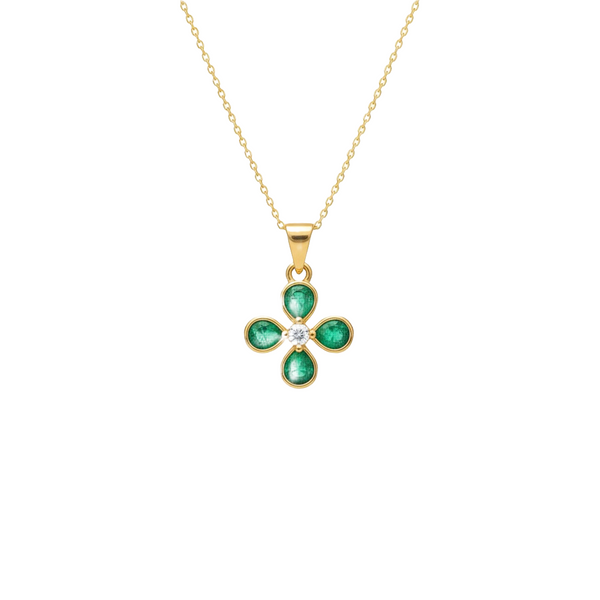 Pear shaped Natural Emerald and Diamond Four-Leaf Clover Pendant in 14K Gold Gift for her