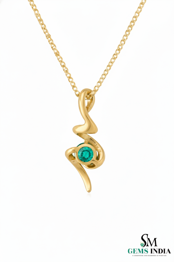 Natural Emerald Round Stone Curved Twist Pendant - Green Gemstone Jewelry