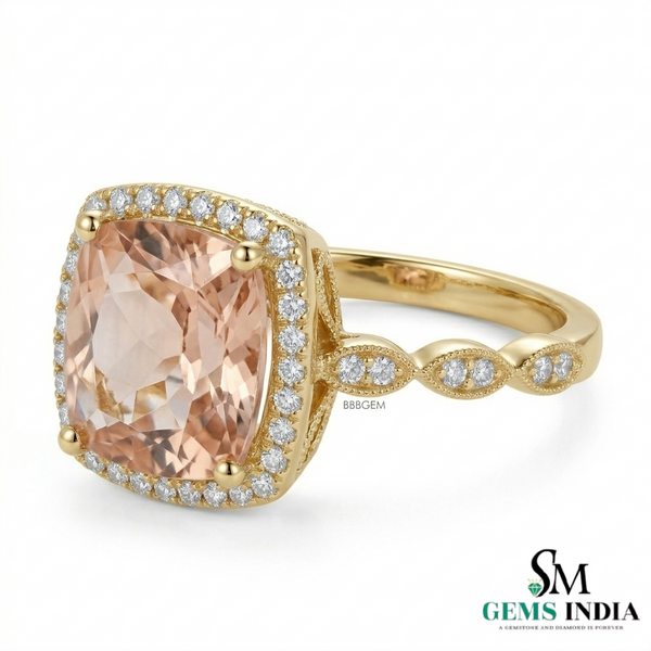 Cushion Cut Peach Statement Morganite Halo Ring with Brilliant Diamond Border