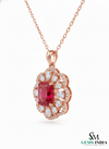 Cushion Cut Ruby & Diamond Floral Halo Pendant in 14k and 18k Gold