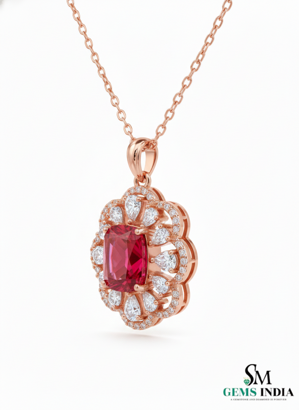 Cushion Cut Ruby & Diamond Floral Halo Pendant in 14k and 18k Gold