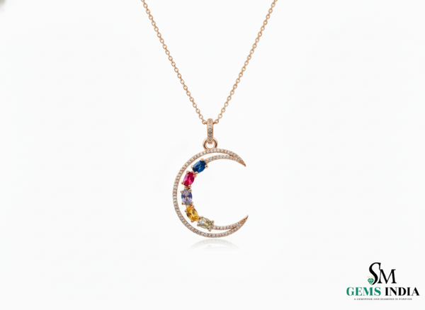 Zodiac-Inspired Oval shaped Multi-Color Gemstone Diamond Rainbow Gemstone Pendant