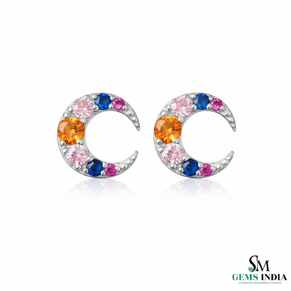 Rainbow Gemstone Crescent Moon Stud Earrings – Multicolor Sapphire & Diamond Accent Celestial Earrings