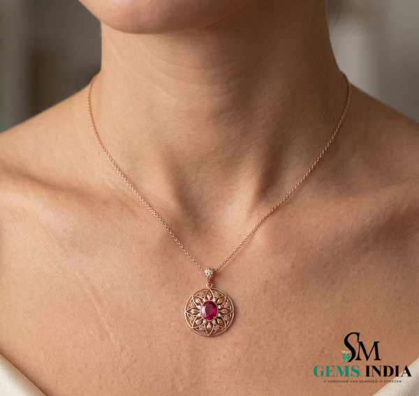 Oval Red Ruby Statement Pendant Intricate Floral Gold Jewelry