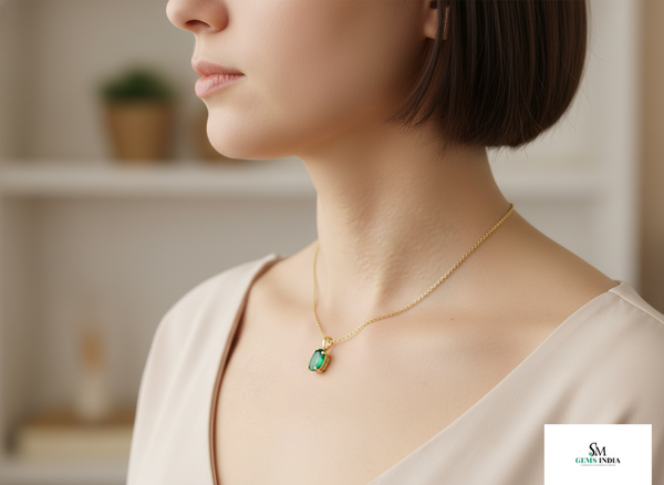 Oval shape Natural Emerald Pendant Necklace in 14k Solid Gold May Birthstone