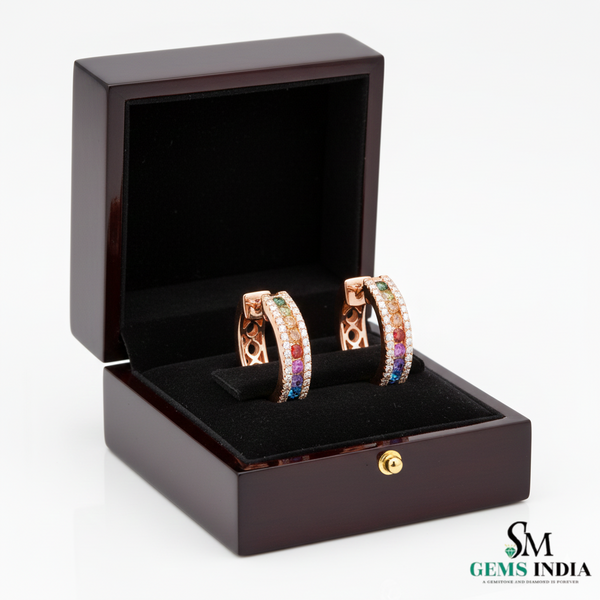 Rainbow Gemstone Huggie Earrings Colorful Round Gemstone Earrings