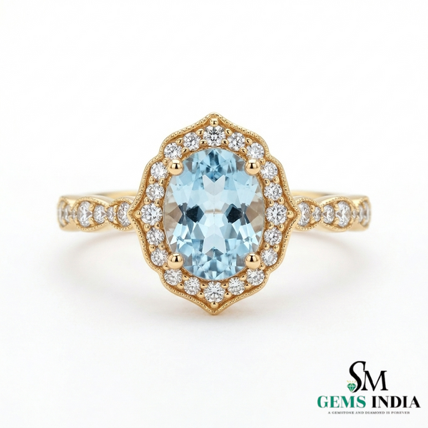 Vintage Oval Aquamarine Halo Ring with Diamond Accents Art Deco Inspired Engagement Ring