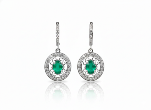 14K Gold Oval Shape Natural Emerald Diamond Dangle Earrings Vintage Style Women Earring