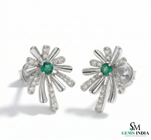 Emerald & Diamond Floral Burst Stud Earrings - Fine Emerald Jewelry