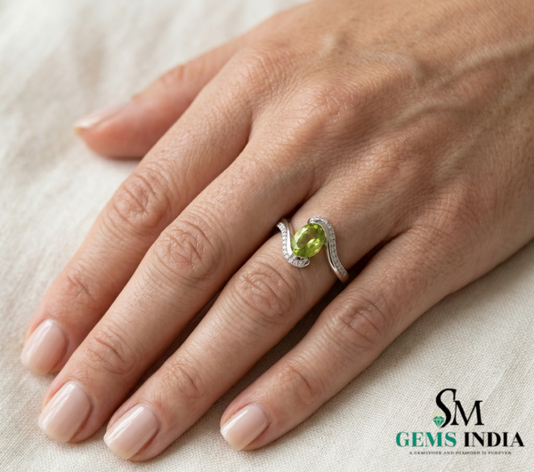 Oval Green Peridot Twist Ring with Diamond Accents - Peridot engagement ring