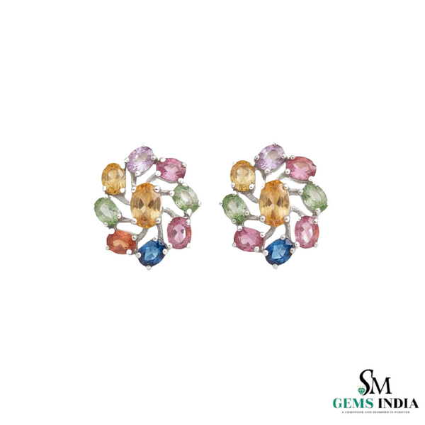 2.80 Carat Oval Rainbow Multi Gemstone Cluster Studs Fine Jewelry
