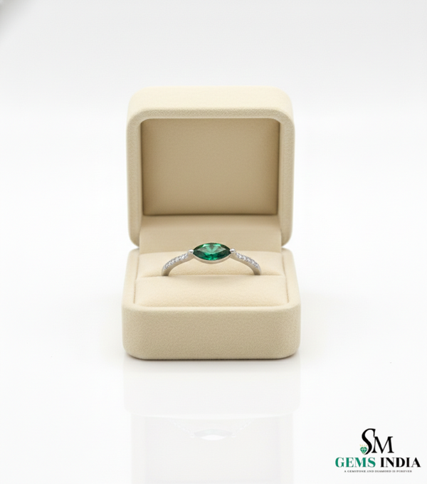Minimalist Marquise Cut Green Emerald Ring with Diamond Accent Band – Delicate Fine Jewelry