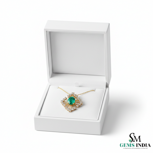 Radiant Oval Natural Emerald & Diamond Sunburst Pendant Diamond Burst Design