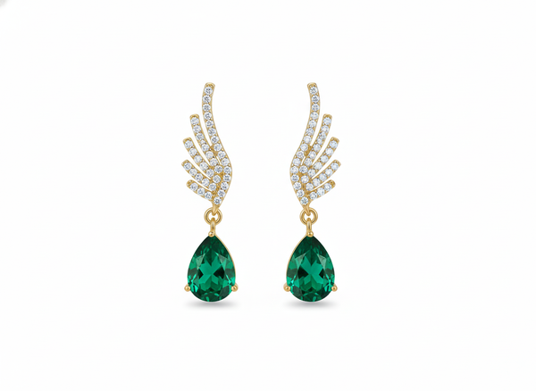 Pear shape Natural Emerald Wing Drop Earrings with Diamond Accents in 14k Gold