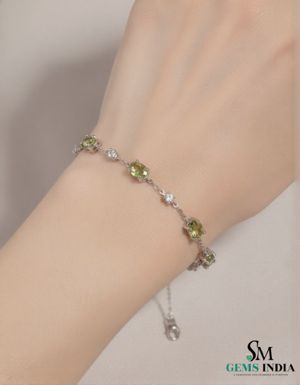 Oval Peridot Station Bracelet Delicate Green Gemstone Jewelry for Her