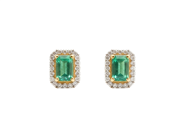 1.90 carat Emerald-Cut Green Emerald Stud Earrings Diamond Halo Design