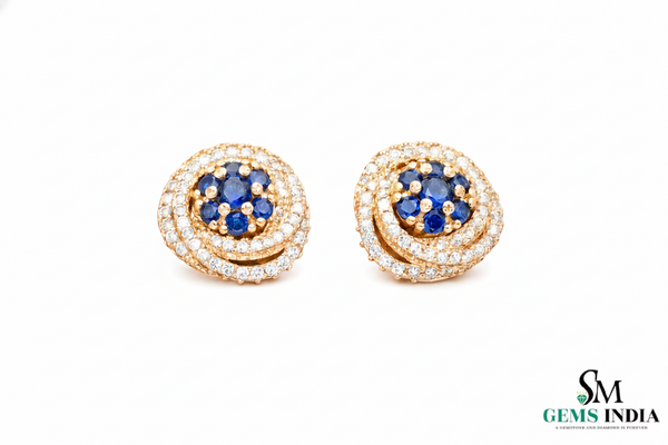 Round Blue Sapphire & Diamond Cluster Stud Earrings in 18k Gold – Vintage Halo Style