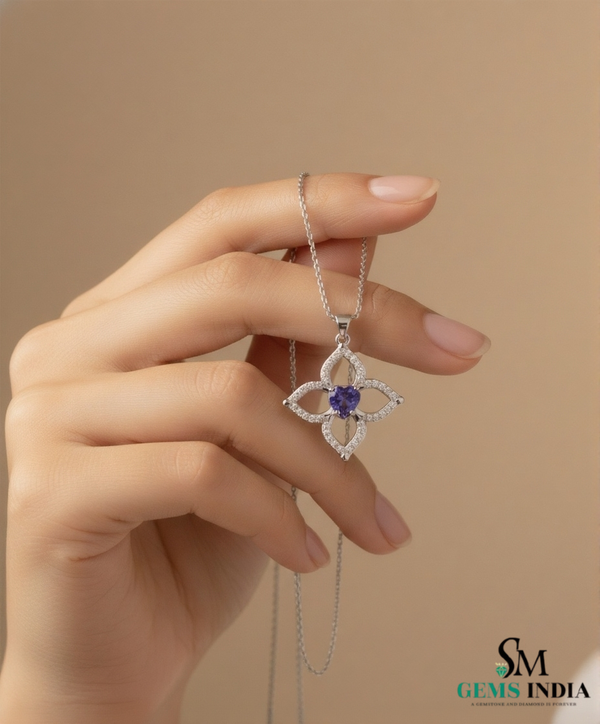 Natural Heart Cut Tanzanite Diamond Flower Pendant