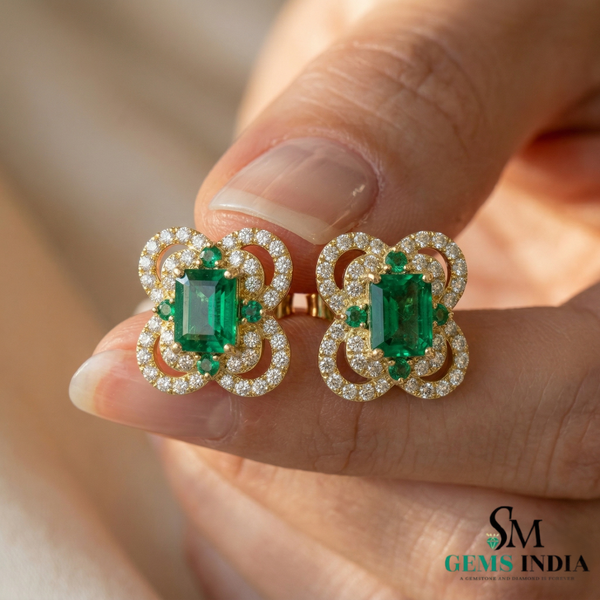Designer Emerald cut Emerald and Round Emerald& Diamond Statement Stud Earrings