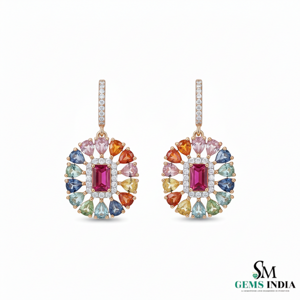 Pear shaped Rainbow Multi-Sapphire Drop Earrings with Pink Tourmaline