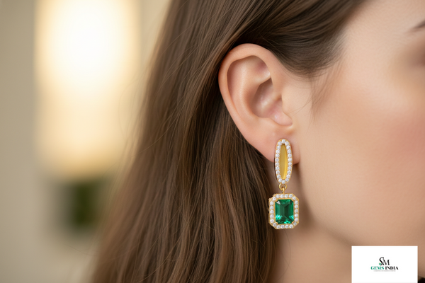 Royal Emerald cut Natural Emerald Halo Drops Earring– 14K Gold Dangle Elegance