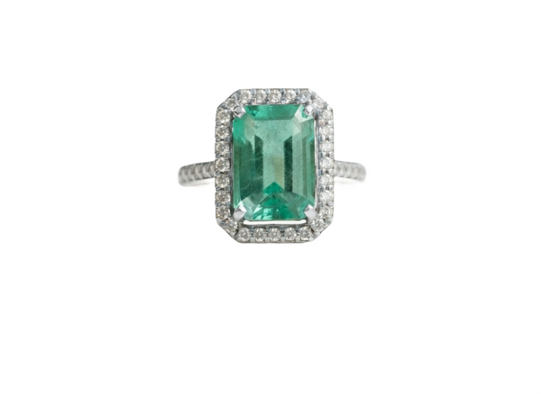 4.50 Carat Natural Emerald and Diamond Halo Ring in 14K Gold Emerald Cut Engagement Ring