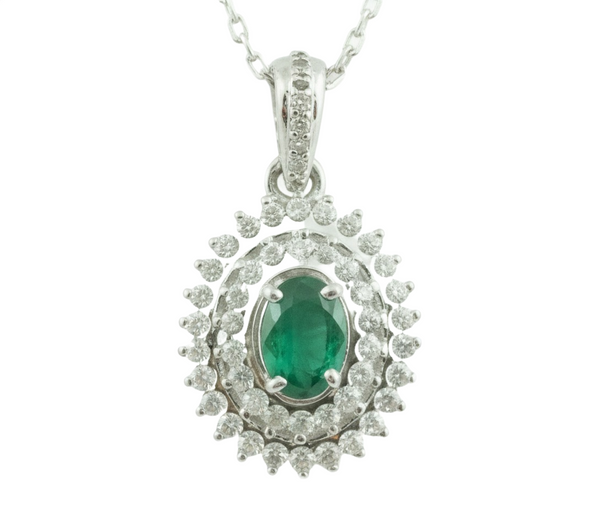 1 carat Vintage Style Oval Emerald Pendant with Diamond Halo in 14K Gold