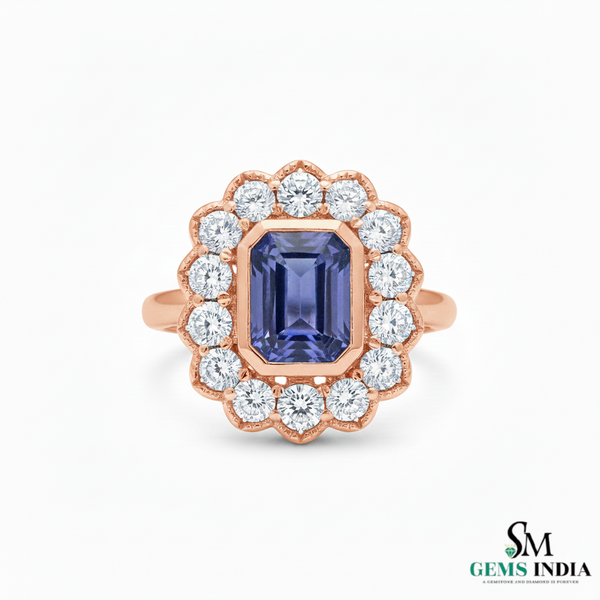 Natural Emerald Cut Tanzanite Ring with Diamonds – Vintage Elegance