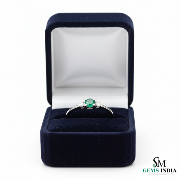 Round Emerald and Diamond Accent Ring in Solid Gold – Dainty Promise Ring
