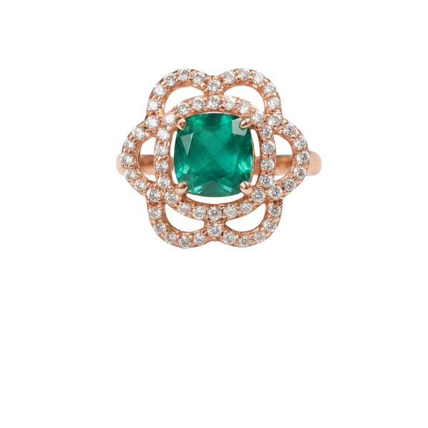 Cushion Cut Natural Emerald and Diamond Flower Halo Ring in 1.10 Carat Unique Anniversary gift for her